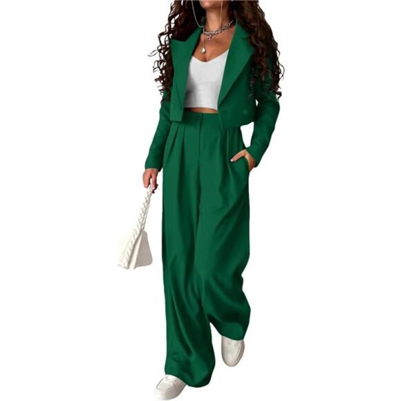 Women's 2 Piece Casual Outfits Cropped Blazer Jackets High Waisted